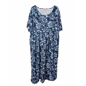 Woman Within Midi Shirt Dress 12W Floral Blue Stretch Buttons Short Sleeve Knit